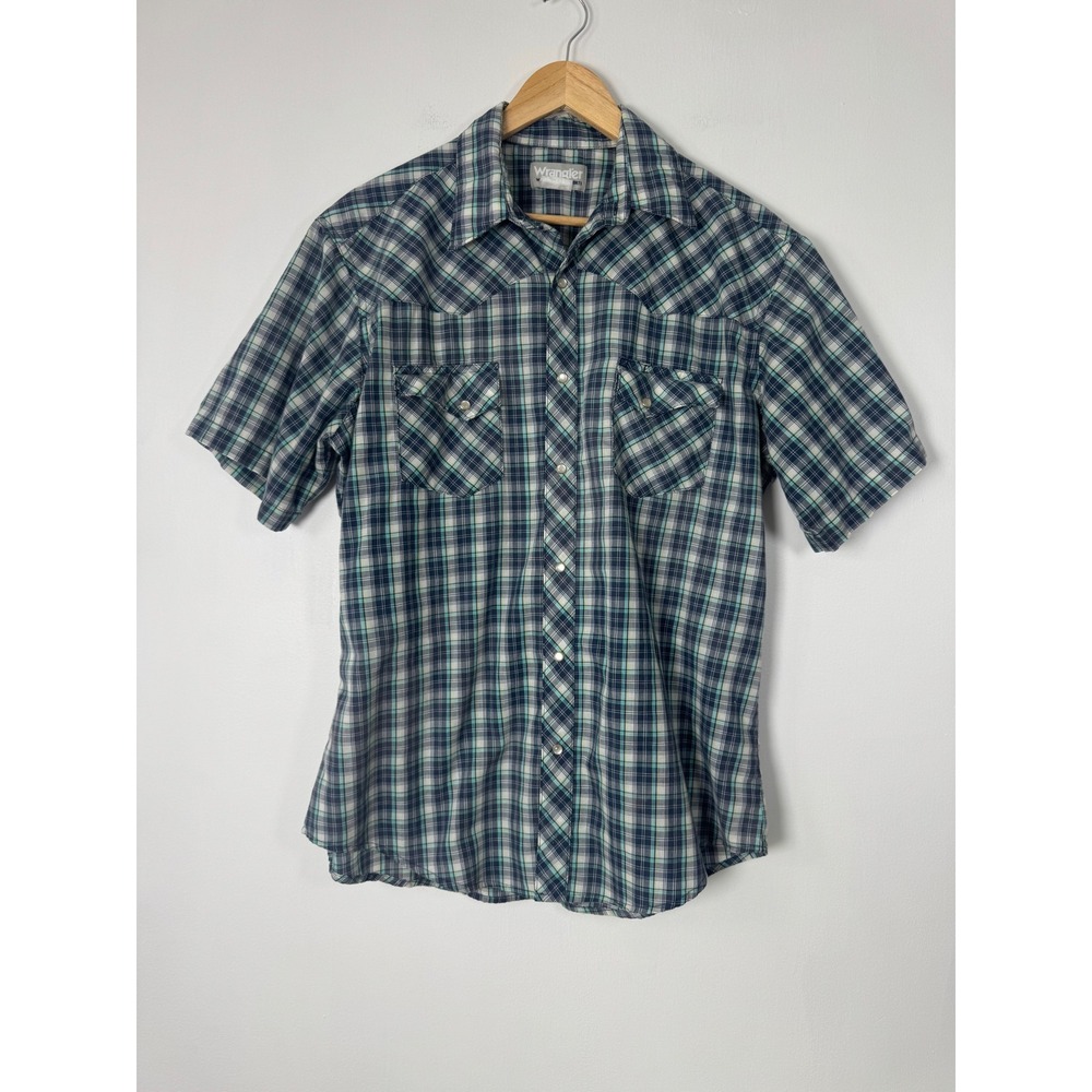 Western Wrangler Mens XL Short Sleeve‎ Plaid Pearl Snap Wrancher Shirt Blue Teal